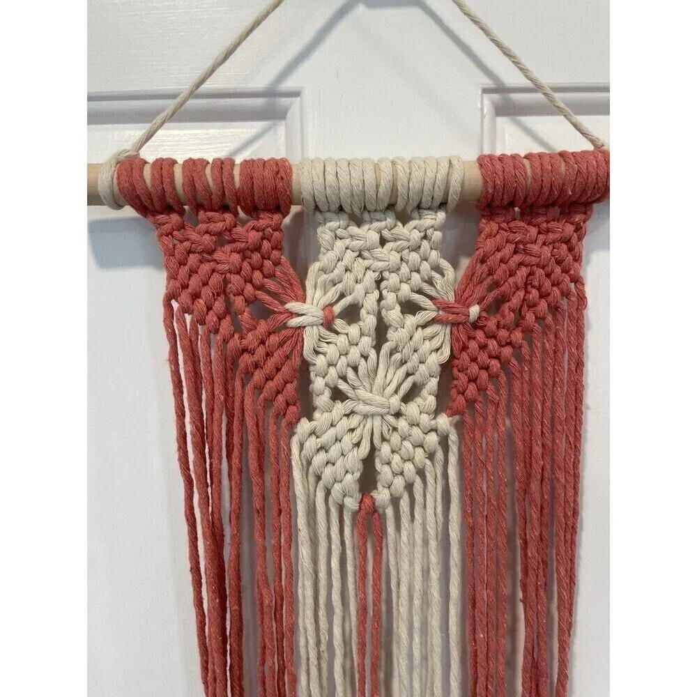 Macrame Wall Hanging Boho Pink Tassel Wall Art Tapestry for Bedroom Living Room